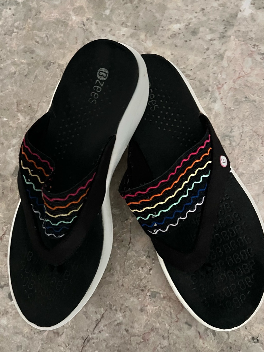 Bzees Black Flip Flops with Rainbow Stitching